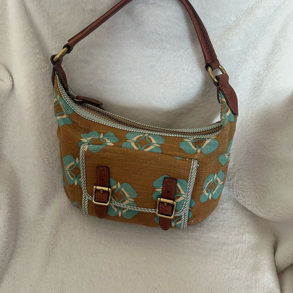 Fossil Tan and Blue Shoulder Bag with Floral Design